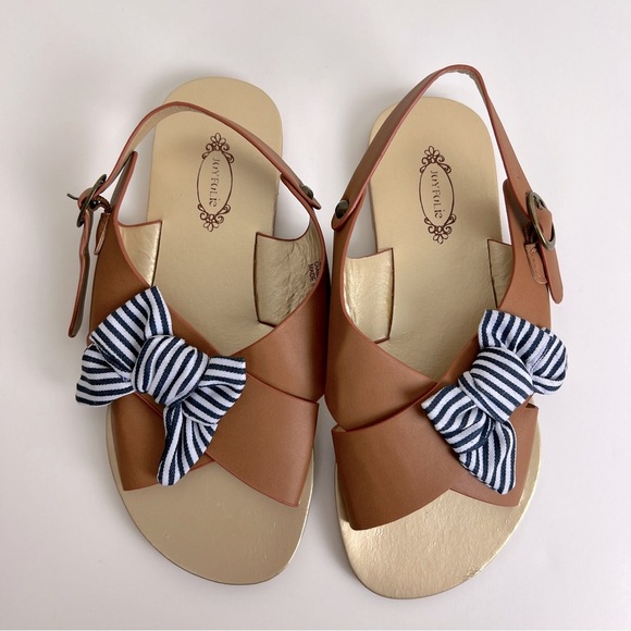 Joyfolie | Striped Bow Criss Cross Sandal Brown With Navy White Bow | Girls 3 - Picture 1 of 9